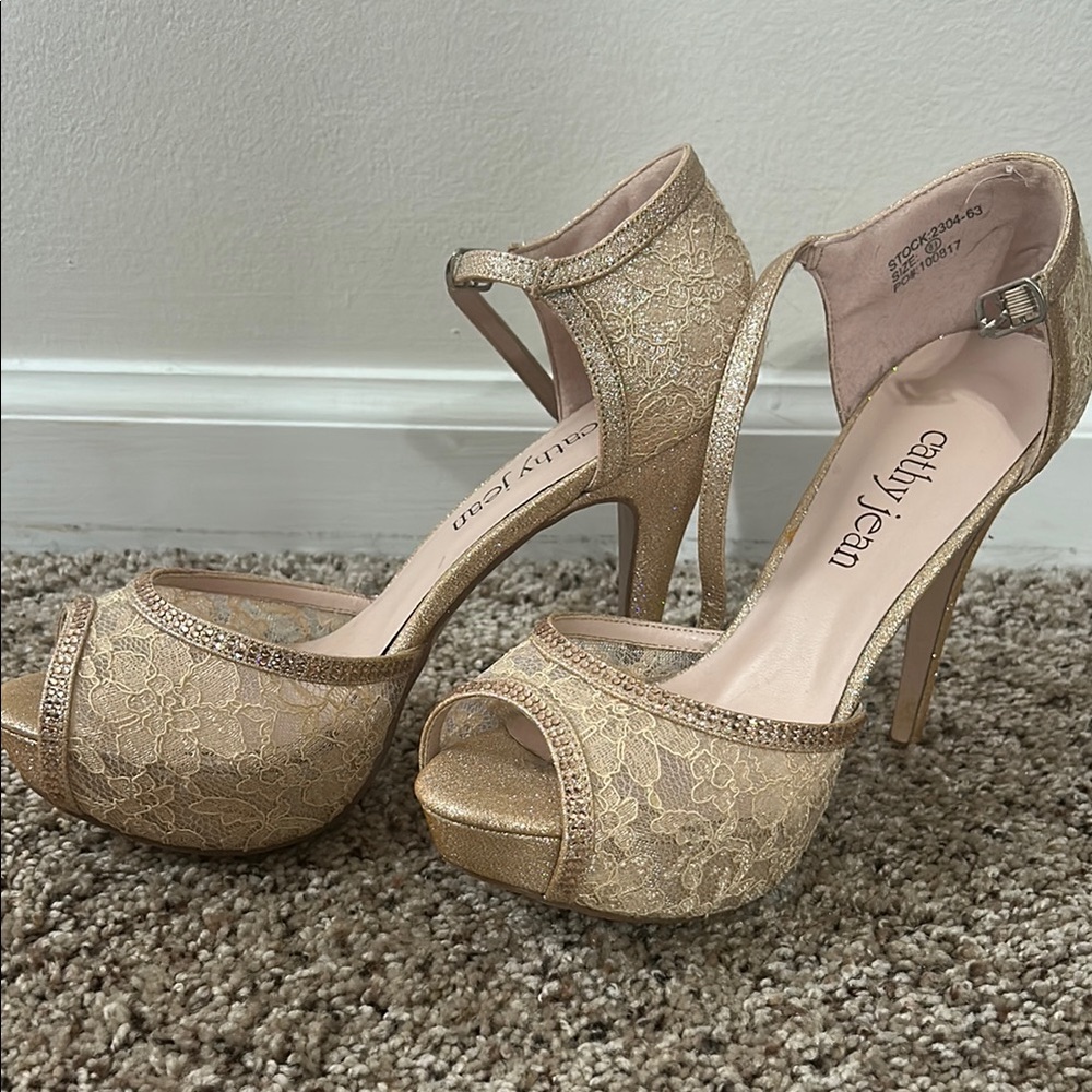 Cathy Jean Gold Stiletto Heels with Ankle Strap